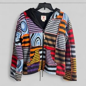 Tulashi Colorblock patchwork artsy hooded jacket boho one size RARE y2k